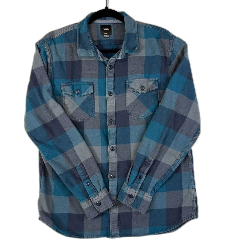 Vans Off The Wall Men’s Large Box Flannel Shirt Blue Teal Gray Plaid Button Up